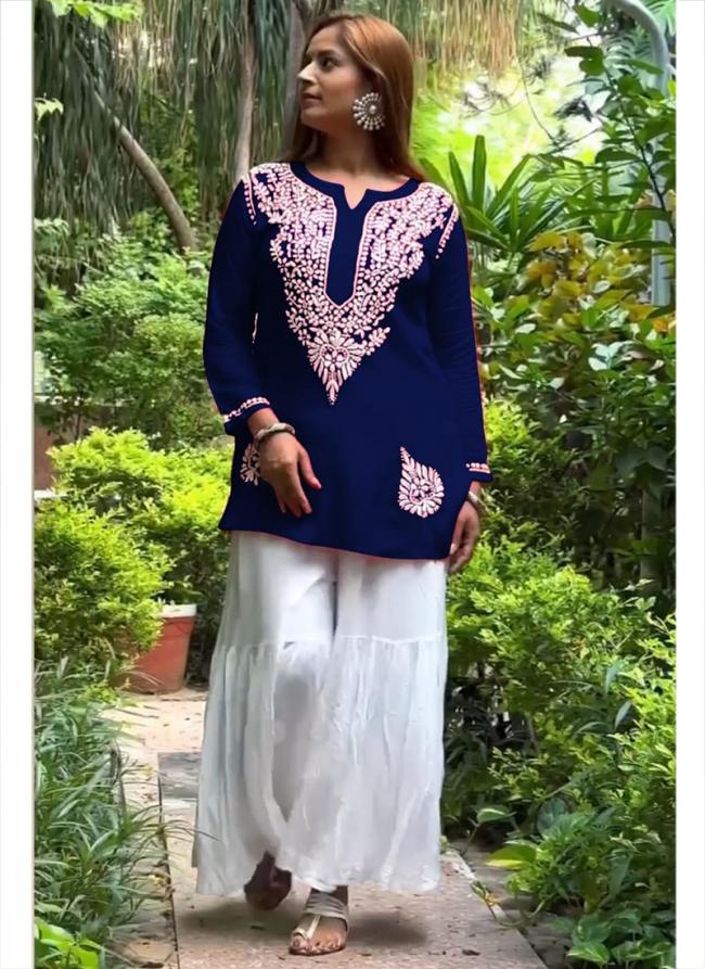 Rayon Blue Casual Wear Embroidery Work Readymade Kurti With Sharara